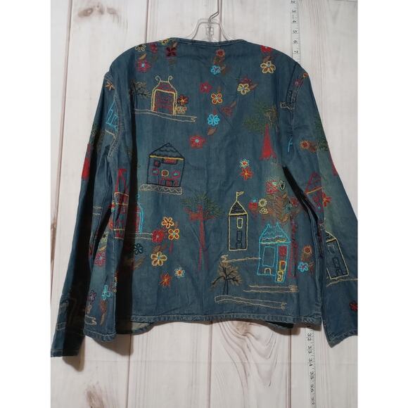 Chicos Jacket Womens 2 Blue Embroidered Boho Open Front Cotton Floral Houses - Picture 4 of 7